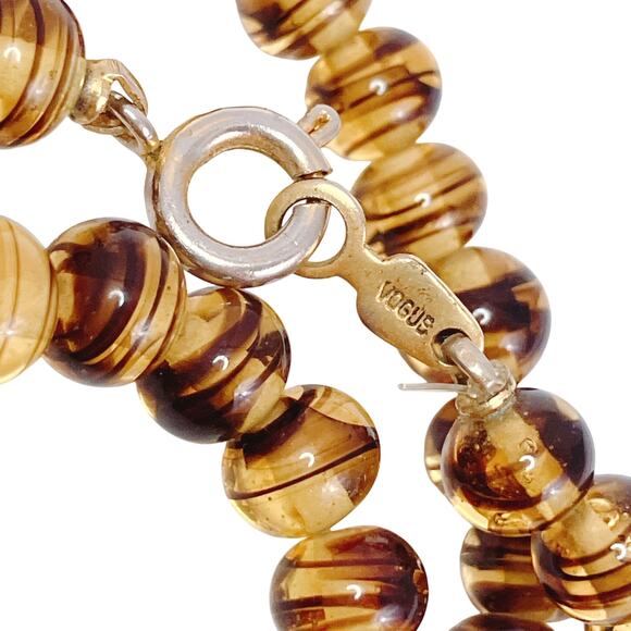 VTG Signed Vogue 50s 60s Striped Warm Amber Glass Bead Necklace 30" Matinee MCM - Picture 8 of 10